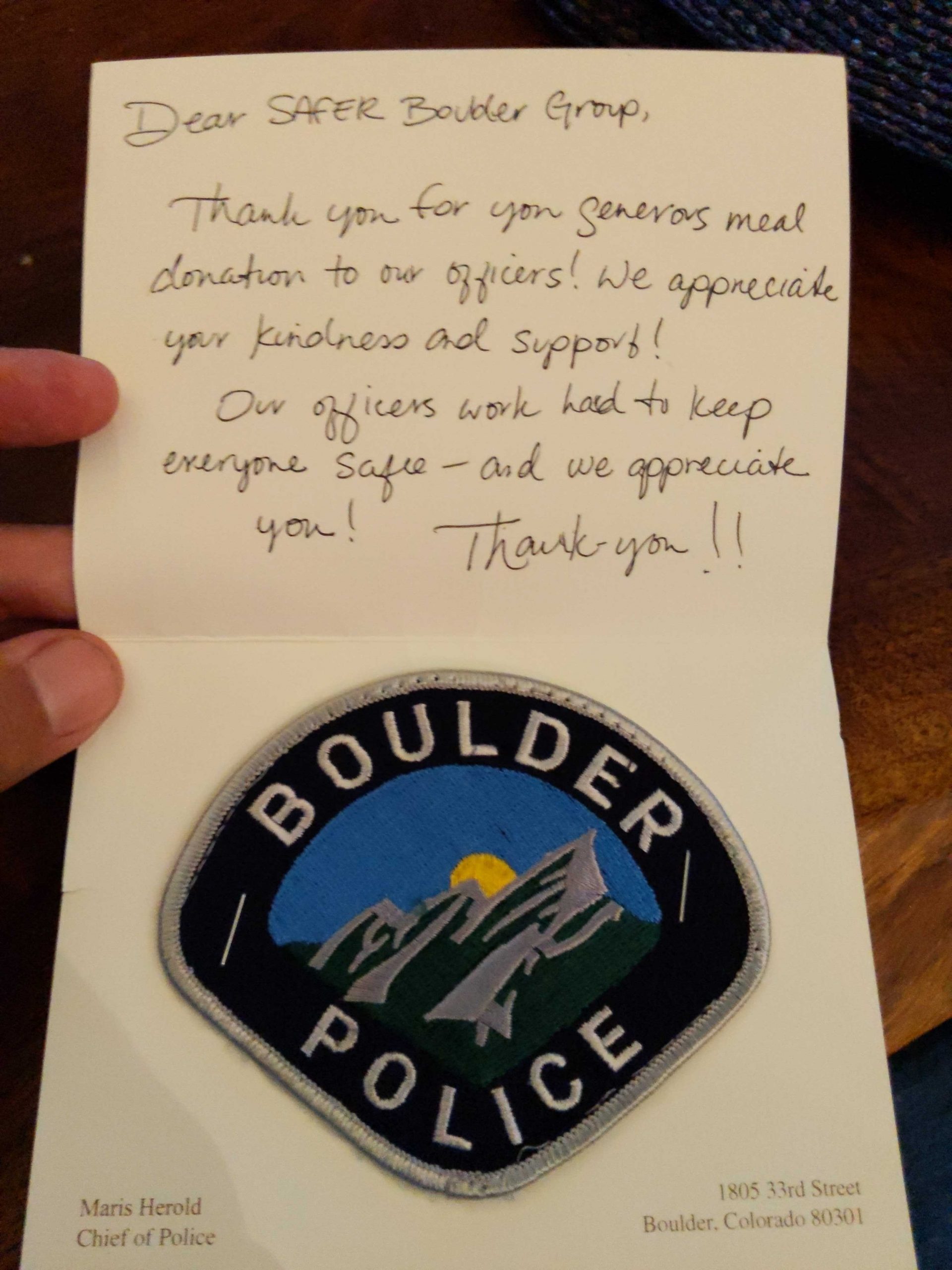 Steven Rosenblum Safer Boulder Boulder Police Thank You Note 2